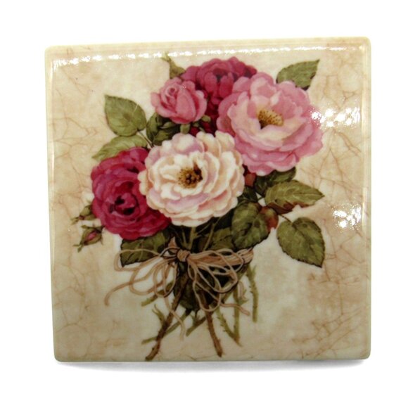 Floral CERAMIC Square COASTERS With Rustic Bouquet Flower Designs Set Of 4 - Picture 2 of 10
